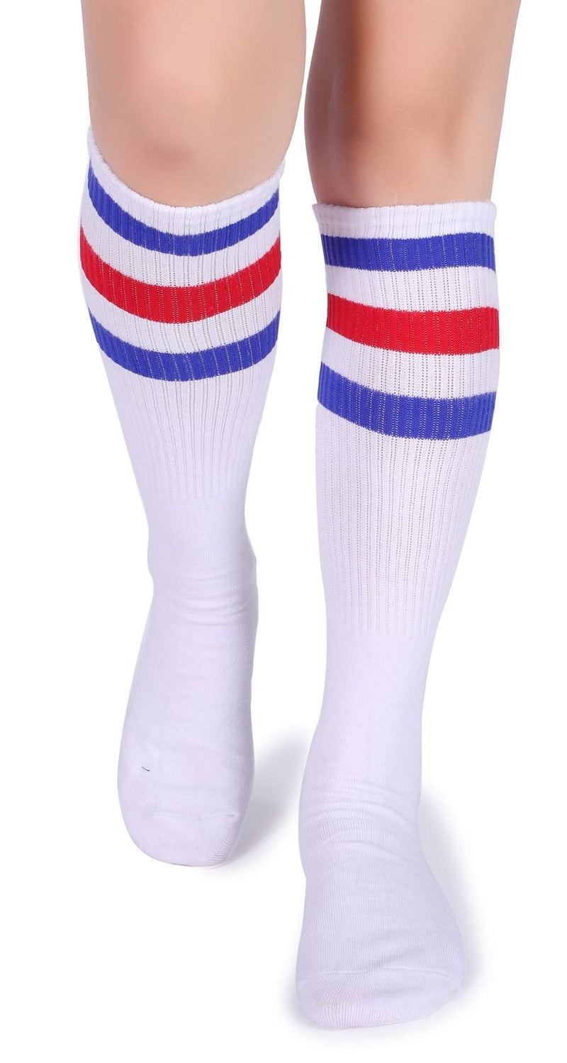 Pareberry Classical Triple Stripes Soft Cotton Over-the-Calf Retro Tube Socks (A-Pair(Blue/Red/White)) - Image 2